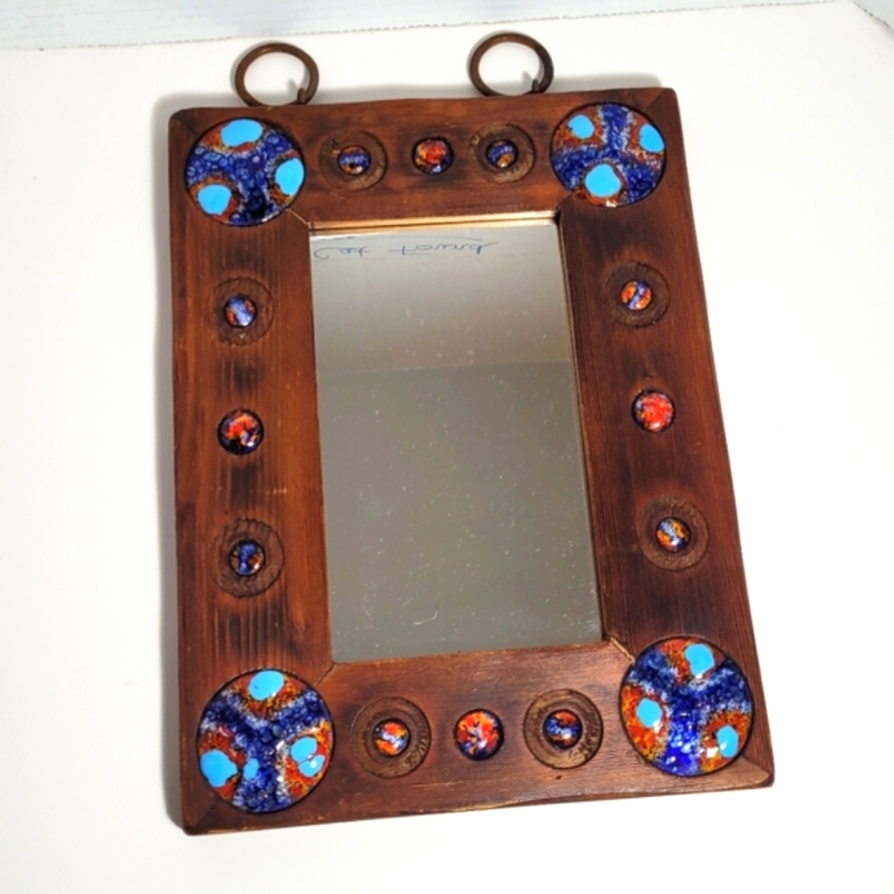 Wooden Mirror with Copper Enamel Decoration by Capo Esmaltes Circa 1960 w Label